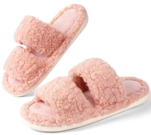 OFFCUP Zapatillas de Estar por Casa para Mujer, 38/39 EU Felpa Punta Abierta Chanclas Pantuflas, Antideslizante Pantuflas Suaves de Peluche con Acogedora Espuma Interior y Exterior (Rosa)