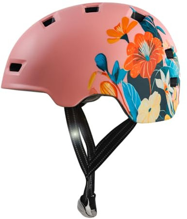 Crazy Safety Rampage Rosa Blume | Fahrradhelm, Skateboardhelm, Inlinerhelm und BMX-Helm | Fahrradhelm für Männer, Frauen und Kinder | M (54-57cm) | Verstellbarer Helm für Skater und Radfahrer