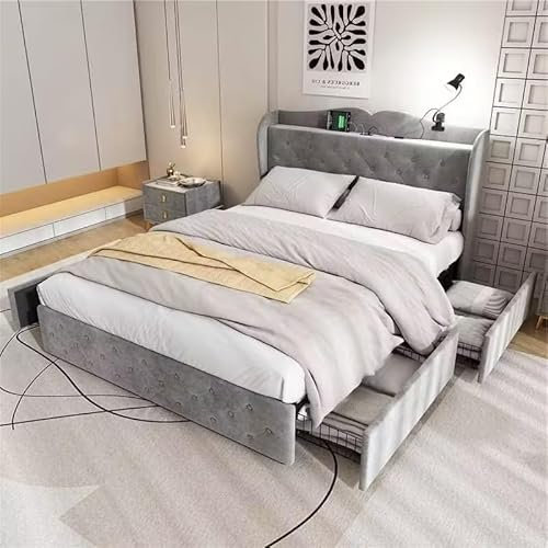 BTM Upholstered Double Bed With 4 Drawers, Lamp & 4 USB Ports, Velvet Frame With Storage, 4FT6-135x190cm, Grey (No Mattress)