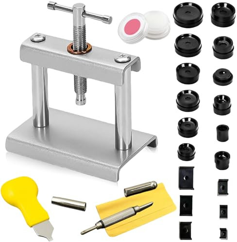 Set di 23 utensili per orologi, pressa per orologi, chiusura della cassa con 18 piastre a pressione, inserti in plastica, strumenti di riparazione per orologi (nero)