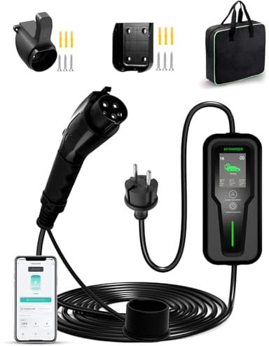 Typ 2 Ladegerät Schuko 3,54kW[1-phasig, 7.6m, 6-16A], Mobile Wallbox Elektroauto Ladegerät, EV Ladegerät für 3008/508, C5X, DS7, GLA, Q3, X3, ZOE, ID.3,und Anderen PHEV/EV WLAN-Smart-Steuerung