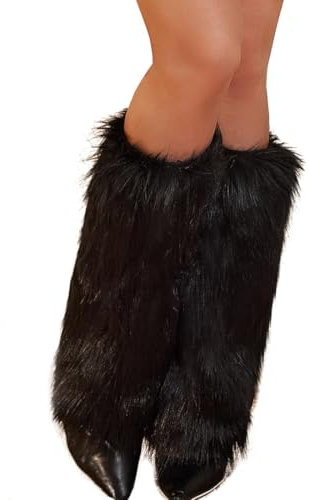 QIBZI Guêtres femme,Anneaux de jambe Jambières en peluche, Jambières en fourrure pour femmes, Poignets longs, Jambières d'hiver pour femmes (Noir 45CM)