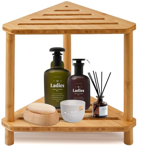 Sgabello da doccia angolare in bambù, sgabello da doccia impermeabile a 2 ripiani per doccia interna, gambe da barba, piccoli spazi, poggiapiedi da doccia con ripiano portaoggetti, panca da doccia