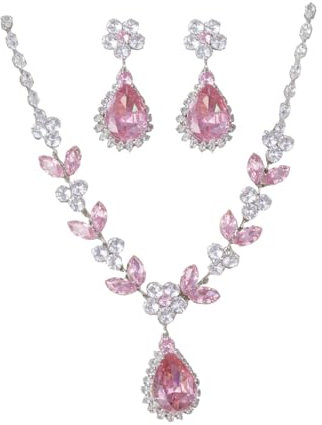 AOWVUTS Femme Mariage Parure Ensembles de Bijoux Demoiselle D'honneur Goutte D'eau Cubique Zircone Glamour Collier Boucles D'oreilles Pendentif Parure de Bijoux Fiançailles Mariée Cadeau Bijoux (Rose)
