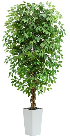7FT Artificial Ficus Tree, 84 Inch Realistic Faux Silk Ficus Floor Plant with White Planter & Pebbles, Tall Fake Potted Tree for Indoor Home Office Living Room Corner Decor
