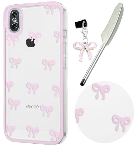 Knoowcase Case for iPhone X, Cute Bowknot Pattern Clear Soft TPU Shockproof Phone Case for iPhone XS, Slim Fit Silicone Bumper Shell Drop-Protection Transparent Cover for Women Girls,Pink