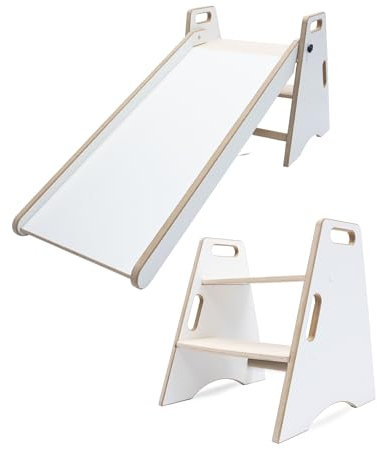 MAMOI Toboggan d'intérieur pour enfants – Toboggan en bois 2 en 1 et marchepied | Toboggan Montessori pour enfants et ustensiles de cuisine