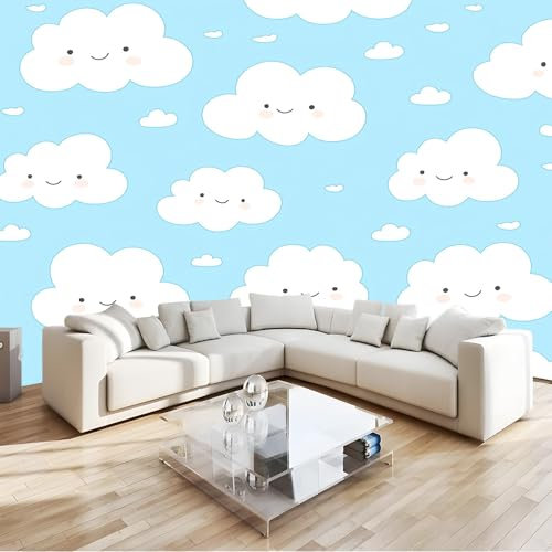 Fototapete Cartoon Cloud Patterns Modern Wohnzimmer Schlafzimmer Vliestapete UV-Beständig Montagefertig 300 x 210 cm3d Effekt Wand Dekoration Blau