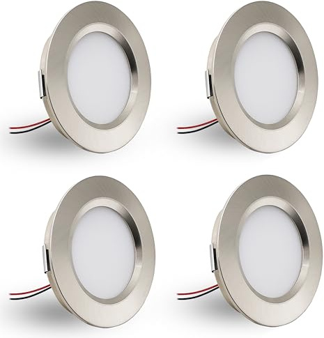 DYKUWEY 4er Set LED Einbaustrahler 12V 3W, einbaustrahler LED flach Bohrloch 55-58mm und 14mm Flache,Led Spot 12V IP44 Dimmbar Deckenspot,Möbeleinbauleuchte Einbauspots (Nickel Warmweiß 3000K)