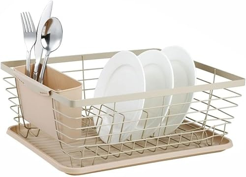 Luckyberg Geschirr Abtropfgestell,Trockner mit Kunststofftropfschale, Stahl-Kunststoff GeschrrständeriBesteckcontainer (Beige)