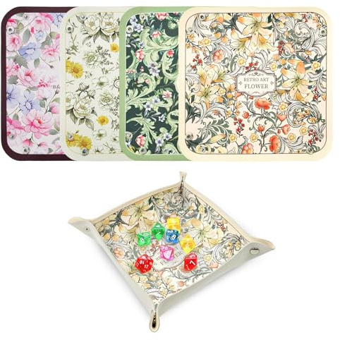 LELE LIFE 4er-Pack Würfelschale zum Würfeln, Vintage-Blumen-Faltwürfelbox, Tischmatte, PU-Leder-Aufbewahrungshalter für DND-Zubehör