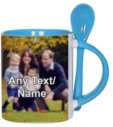 Personalised with Your own Text/Image/Any Name Mug with Spoon – Colour Inside Coffee Cup – Gift for Him, Her, Friends, Family. (Blue)