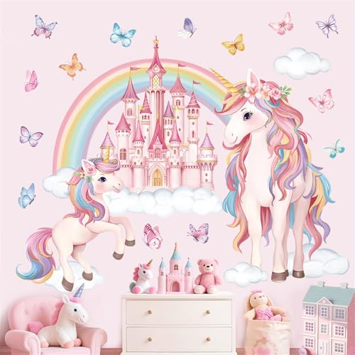 decalmile Unicorn Rainbow Pink Castle Girls Wall Decals Stickers (XL) | Peel and Stick Decals for Walls, DIY Wall Art Stickers, Removable & Wall-Safe, Vibrant Colors Wall Decor