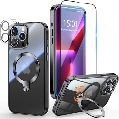 Yoouther 3 in 1 Cover Magnetica per iPhone 13 Pro 6.1 [360° CD Supporto Girevole per MagSafe] [Con Pellicola Vetro Temperato & Vetro Fotocamera] [Non Ingiallisce Mai] Protezione Antiurto, Nero