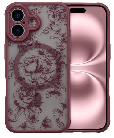 XIZYO Matt Magnetisch Hülle für iPhone 17, Zweig Rose/Wein Rot | Niedlich Transluzent Rose Blume Muster, Ästhetisch Floral Luxus Mädchen Design, Stoßfest Anti-Gelb,Weiche TPU,Schlanke Dünne