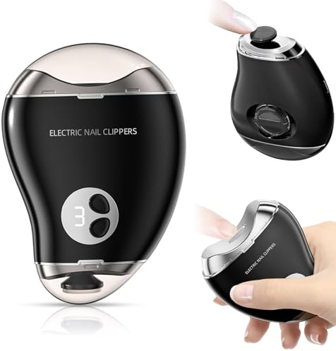 Elektrische Nagelschere 2 in 1 mit Schleifer (Schwarz) | 3 Geschwindigkeiten, Für Baby Erwachsene Senioren, LCD Display, UV Licht, Type C mit Auffangbehälter