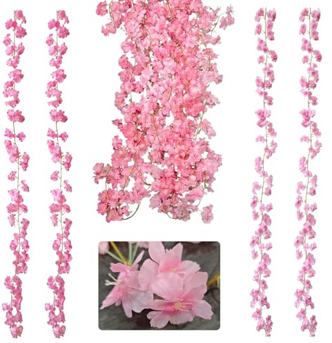 YUZHEDM 4 Piezas 180cm Guirnalda De Flores Artificiales Cerezo Decoracion, Guirnalda de Flores de Cerezo Guirnalda Flores Falsas Enredadera para Decoración Boda Jardín Balcón (Rosa Claro