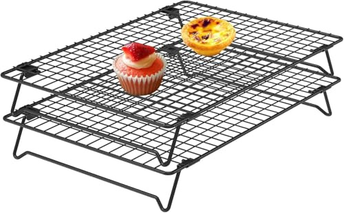 GWCYMYD 2 Stück Stapelbares Abkühlgitter 34x24x5,7cm Auskühlgitter mit Klappbare Beine Antihaft Kuchengitter Rechteckig zum Backen Grillen Trocknen Kühlen