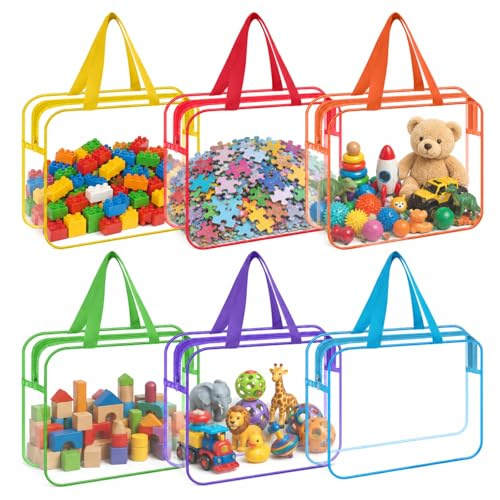 6 Pcs Toy Storage Bags,Clear Storage Bags PVC with Zip & Handle Extra Large | Extra Large 13.8x9.5x7.1 Inch,Reusable Waterproof Toy Bags,Double Zip Closure,Travel Case Pouch for Blocks, Puzzles & Toys