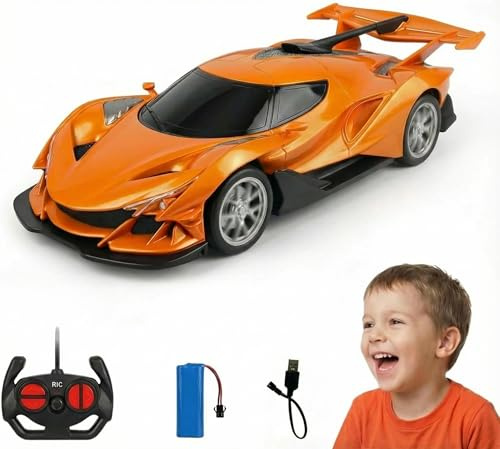 SGM Speed King 1:18 Scale RC Car for Kids, Rechargeable Remote Control Racing Car with Wireless Controller, USB Charging Cable & Battery Pack, Gift Box (Orange) - 1824-1A
