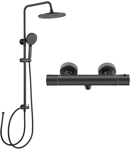 DERW Black Thermostatic Shower Set, 10 Round Rain Shower Head and 4 Function Handheld Shower, 65-110cm Height Adjustable Rail, Anti-Scald, Anti-Corrosion, Easy Fit Old Holes