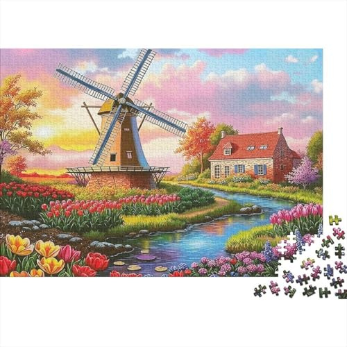 Windmill Landscape 1000 Piece Jigsaw Puzzle Jigsaw Eco-Friendly Material Windmill Tulip Art Colourful Detailed Decompression for The Whole Family 38x26cm/1000pcs