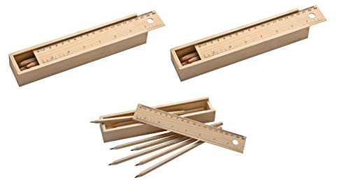 3x Holzbox mit 24 Buntstifte / Deckel mit Lineal / naturbelassen