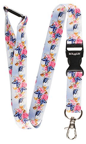 RolSeley Courroie de Cou de Lanière avec Papillons et Roses Multicolores Pastel - Tour de Cou porte Badge avec Clip Métal Amovible et Clip de Sécurité - Idéale Pour Les Clés de Badge D'identification