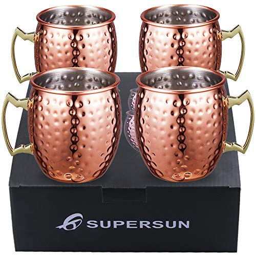 SUPERSUN Lot de 4 Verres Moscou Mule, Tasse en Cuivre 530 ml pour Bière Épicée au Gingembre, Tasse de Fête, Ensemble de Bar, Cadeau