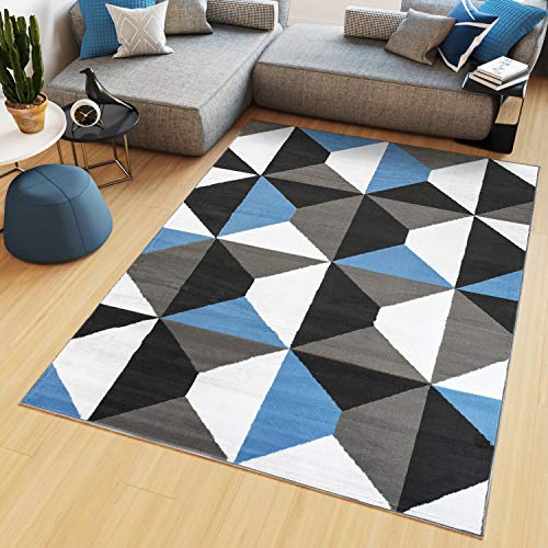 TAPISO Maya Teppich Kurzflor Grau Blau Geometrisch Vierecke 250 x 350 cm