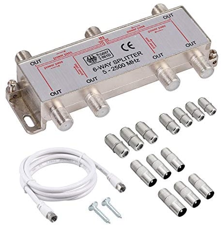 6-Fach TV Radio F-Stecker Adapter Kabel Antennen Verteiler SAT Splitter Metall TV-Verteiler inkl. Adapter + 1.5m Kabel + 6 x F Stecker auf Koax Stecker + 7 x F Buchse auf Koax Kupplung