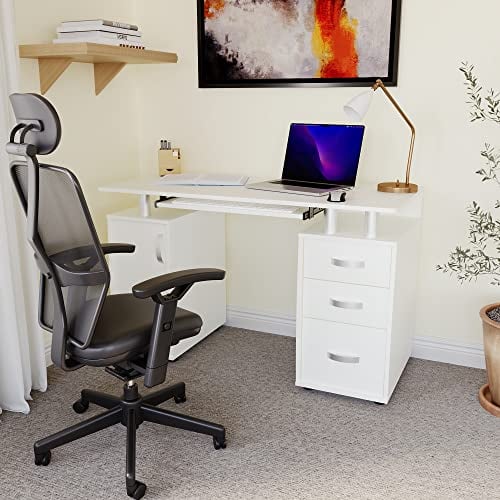 Vida Designs Otley Computer Desk with Shelves and 3 Drawers, Home Office PC/Laptop Gaming Table, Study Workstation with Keyboard Tray, Furniture, White