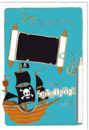 KE Geburtstagskarte - Geburtstag Karte - coole Geburtstagskarten - mit Tafelfolie zum individuellen beschriften - 17,0 x 11,5 cm - inkl. Umschlag - Motiv: Pirat