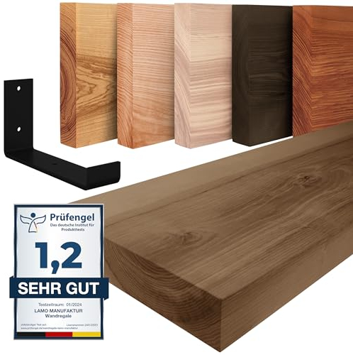 LAMO Manufaktur Wandregal Holz Gerade | Regal Farbe: Roh | mit schwarzem Industrial Regalträger | 160 cm