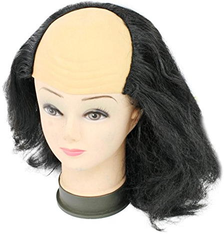 Halloween-Kostüm-Perücke, kahle Kappe, alter Mann, halbe Glatze, Stirn-Kopfbedeckung mit langem schwarzem Haar, Neuheit, kahle Perücke für Halloween, Party, Karneval, Cosplay, Party, Kostüm,