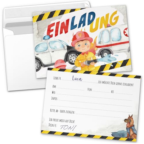 8 Einladungskarten Kindergeburtstag mit Umschlägen, Rettungsdienst Polizei Feuerwehr, Karte Geburtstag Einladung zum Ausfüllen