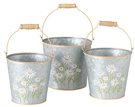 3 STK Eimer Daisy Silber Margeriten Blümchen Pflanztopf Set Floral Design Zinkeimer Dekoeimer Metalleimer Frühling Ostern Sommer Holzgriff Sandeimer Pflanztöpfe