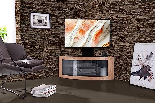 Centurion Supports PANGEA Black/Oak Beam-Thru Curved True-Corner 32”-50” TV Cabinet with Mounting Arm