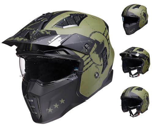 ILM Helm Motorrad Motocross Herren Damen Vintage Retro mit Visier ECE Model Z302,Armee Grün, L