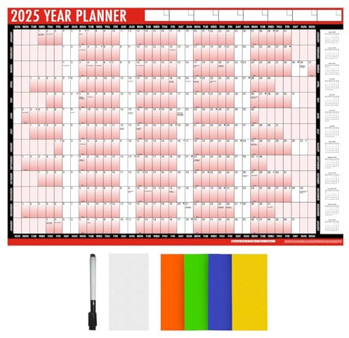 ZYBUX A1 59x84 cm Large 2025 Wall Planner Calendar - Durable Laminated 2025 Yearly Planners Wall Calendar with Pen, Sticker, Adhesive Dots - Year Planner for Scheduling, Study, Office Work Tasks (Red)