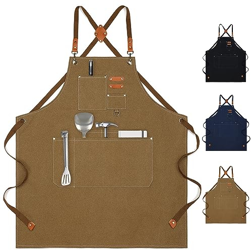 Aprons for Women Men, Cotton Canvas Chef Apron with Adjustable Strap & Large Pockets, Cross Back Work Aprons for Kitchen Cooking, Baking, Gardening, Painting, Artist, One Size Fits All (Brown)