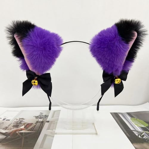 Wambere Ohren Stirnband mit Schleifen Glocken,Katzenohren Haarreif,Cat Ears Headband,Niedlichen Plüsch Katzenohren Haarbänder,Anime Katzenohren Kopfband Haarschmuck für Cosplay Halloween,Lila Schwarz