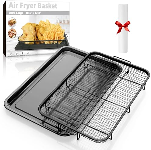 Cesta de freidora de aire para horno, extra grande de 18.6 x 12.8 pulgadas, juego de cesta y bandeja con 30 papeles de pergamino, sartén de horno de acero inoxidable Demaxia y bandeja para verduras