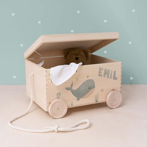 hellomini Personalisierte Spielzeugkiste aus Holz zur Aufbewahrung - Stapelkiste Holz - Spielzeugkiste Kinderzimmer - Personalisiertes Geschenk für Kinder (Wal)