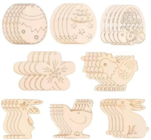 40 Pièces Ornements en Bois de Pâques, Artisanat en Bois de Pâques, Oeufs de Paques Decoration pour Enfant Bricolage, Lapin Poulet en Forme Décoration Paques, Loisir Créatif Pâques Activité Manuelle