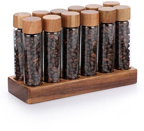 JUXYES Set of 12 Single Dose Coffee Bean Storage Tubes with Wooden Stand and Lids, Dosing Glass Vials for Coffee Bean Storage, 2 fl oz