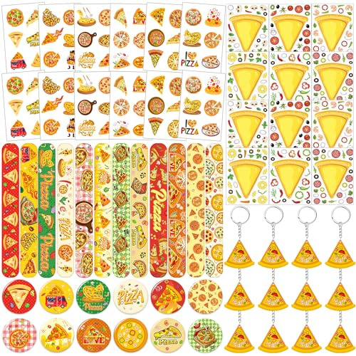 LCNJSCGO Pizza Party Favors - 60Pc Set With Temporary Tattoos, Stickers, Slap Bracelets, Keychains & Badges for Kids' Pizza Birthday Parties