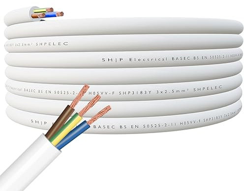SHPELEC® FLEXIBLE White Cable 3183Y 0.75mm, 1.0mm, 1.5mm, 2.5mm BASEC Approved White PVC LED Lighting 5m 10m 15m 20m 50m (2.5mm 3 Core - 60metres)