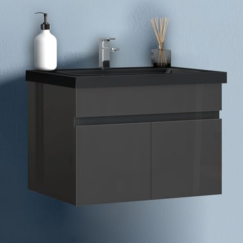 HAPAOSO 60 cm Waschtisch mit Unterschrank Soft-Close Badmöbel Set mit Waschbecken Schwarz Mineralguss Gäste WC Hochglänzend Anthrazit