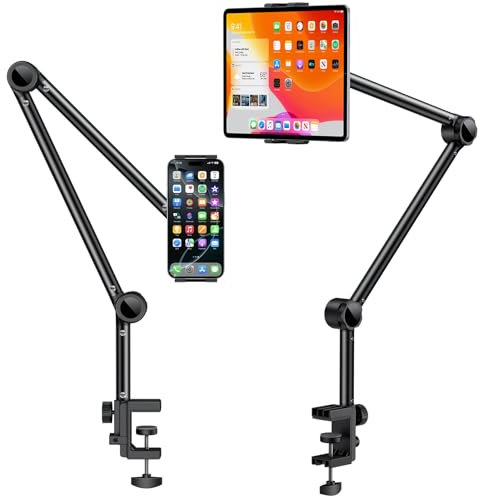 OMOTON Soporte de Tablet para Escritorio, Soporte de Tablet Giratorio 360° para iPad, Soporte de Teléfono Ajustable para Cama con Brazo Sólido, para Todos los iPhone/iPad Pro/Tabletas de Menos de 11
